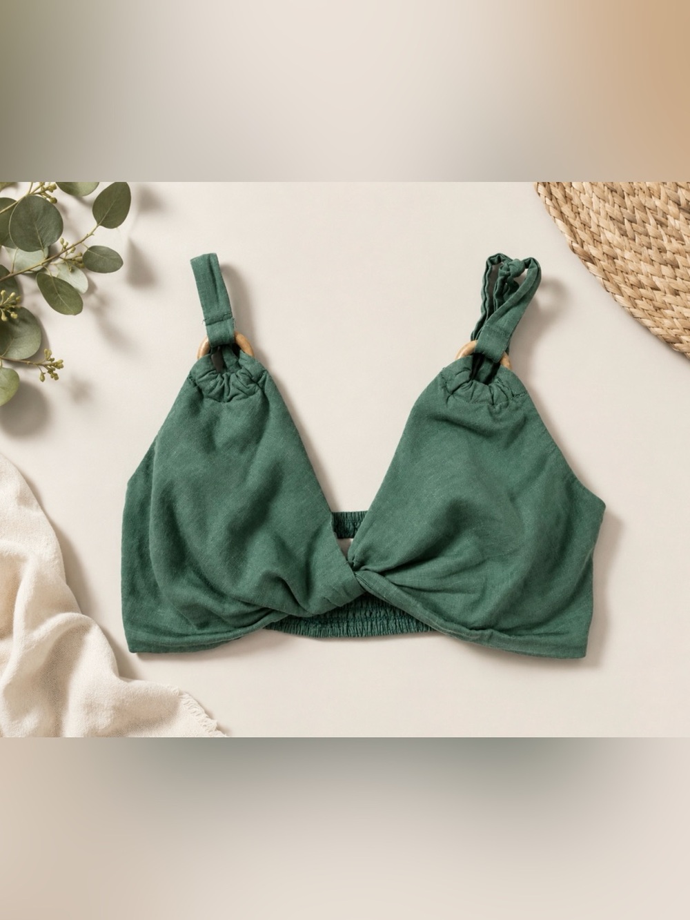 Anthropologie Linen Blend Turquoise Twist Crop Top Smocked Back‎ Womens Medium